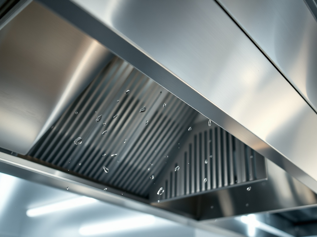 Commercial kitchen exhaust hood cleaned to bare shining stainless steel after service