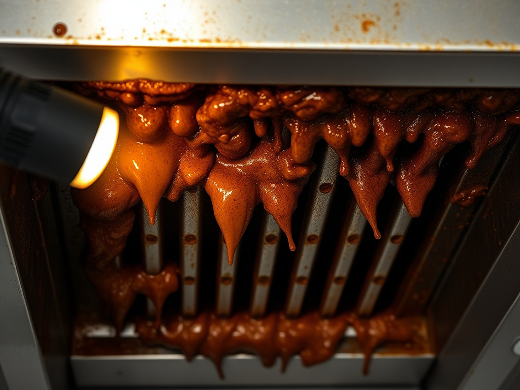 Heavy grease buildup caked inside a commercial kitchen exhaust duct before cleaning