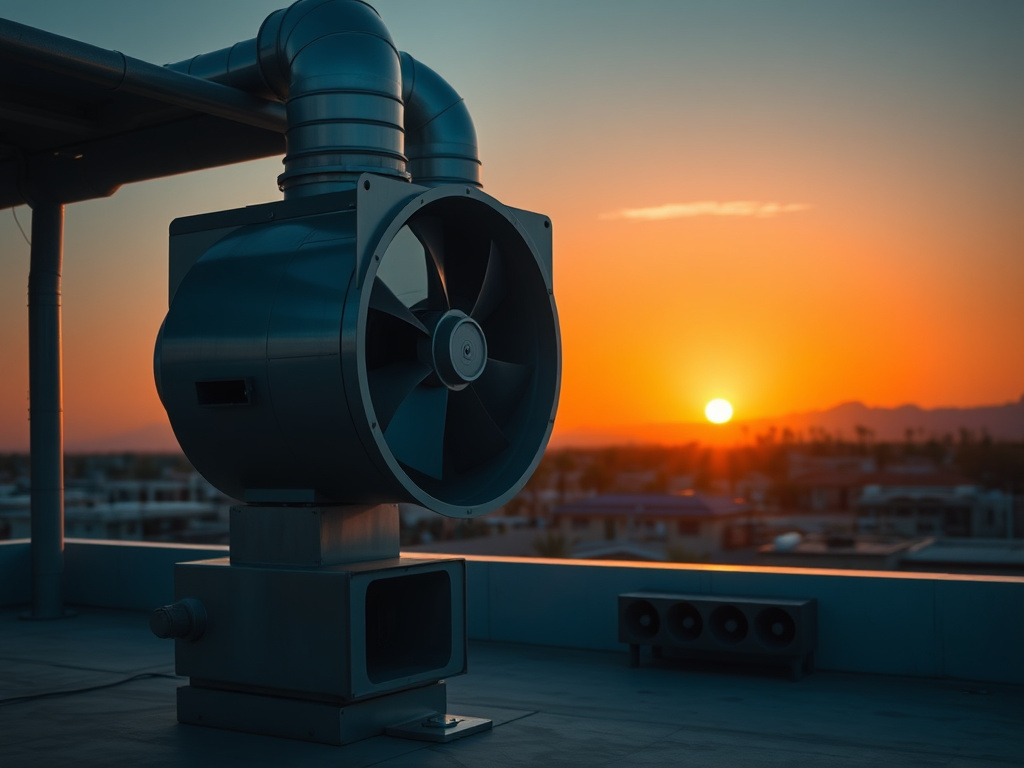Commercial kitchen exhaust fan on a restaurant rooftop at dawn over the Arizona skyline